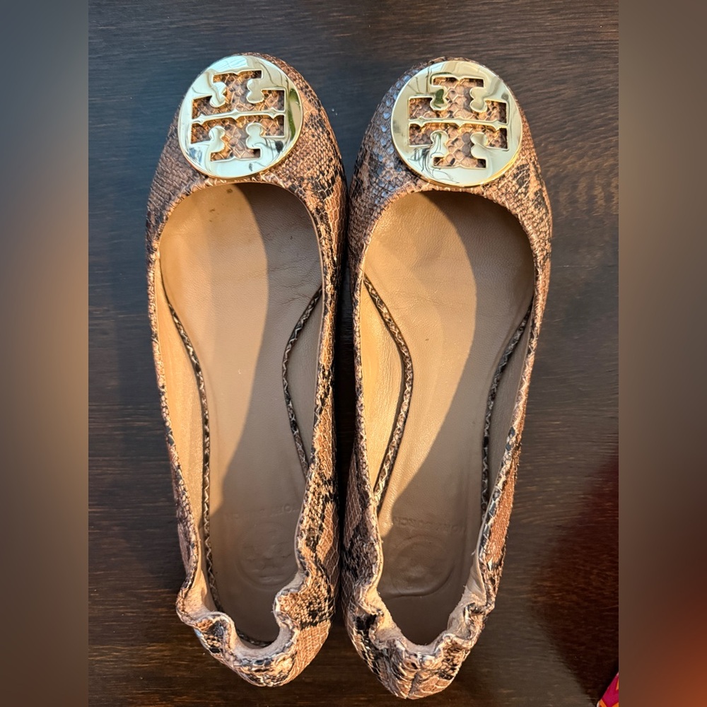 Tory Burch Snakeskin Ballet Flats with Gold Accents